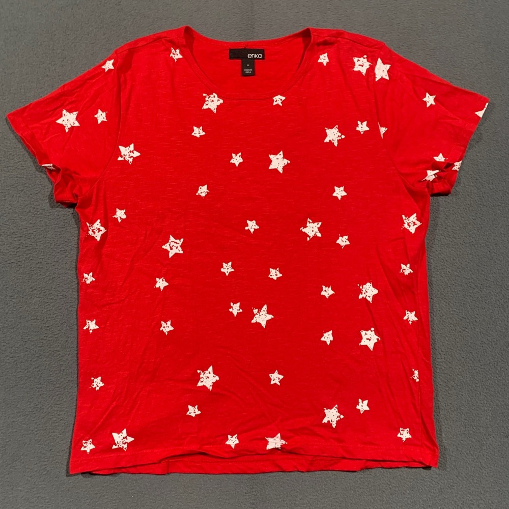 Erika Womens XL Red White Star Print Short Sleeve 100% Cotton T-Shirt Patriotic